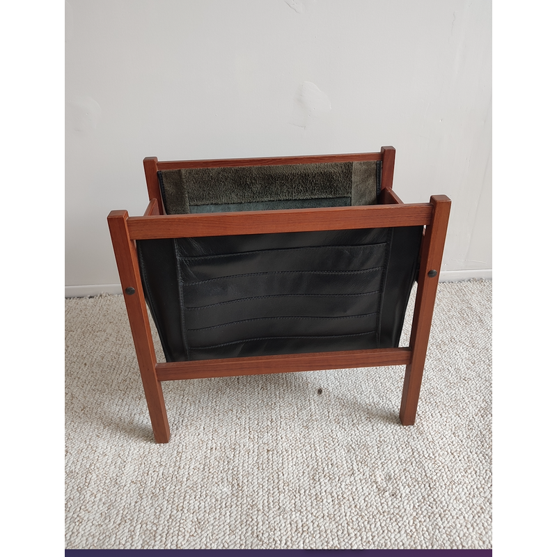 Vintage Danish teak and leather magazine rack, 1960