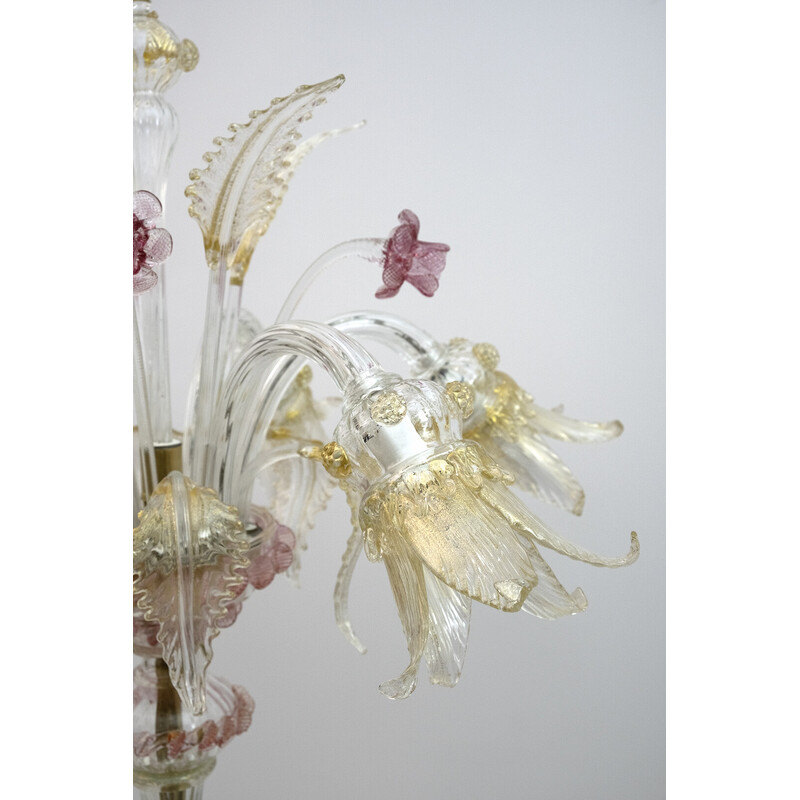 Lámpara de pie vintage Ca'Rezzonico 6 brazos de cristal de Murano soplado, Italia años 50