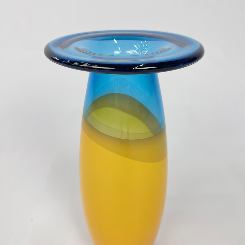 Vintage blue and yellow vase by Siem van de Marel for Leerdam, 1980s