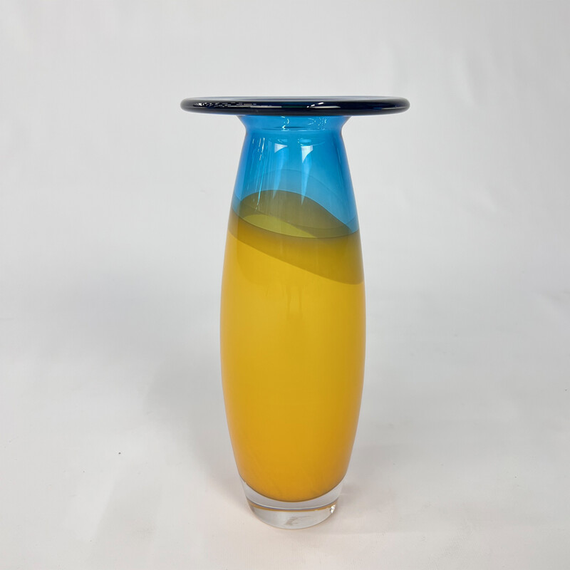 Vase vintage bleu et jaune par Siem van de Marel pour Leerdam, 1980