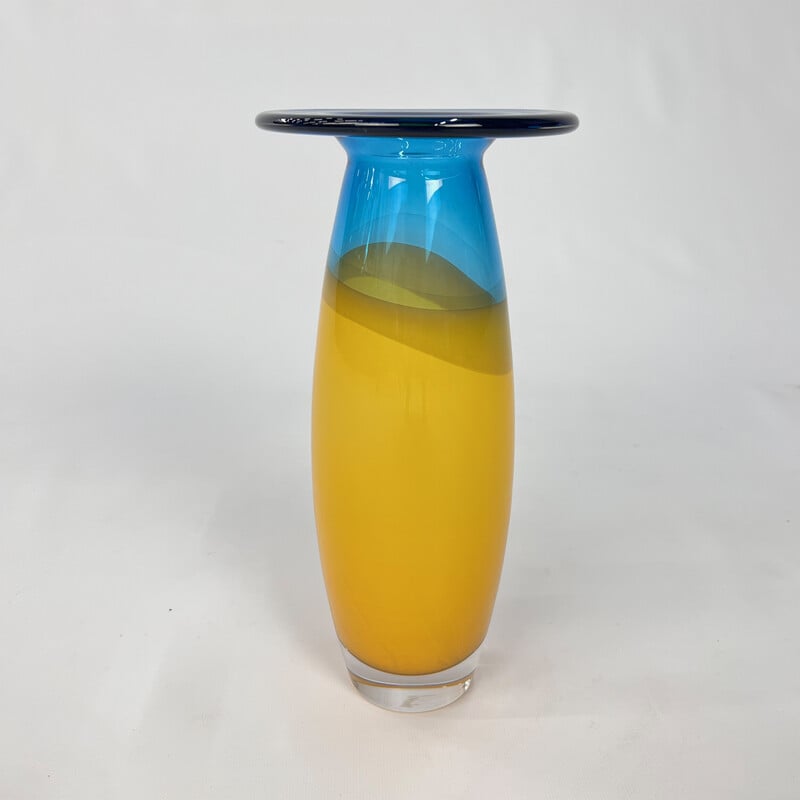 Vase vintage bleu et jaune par Siem van de Marel pour Leerdam, 1980