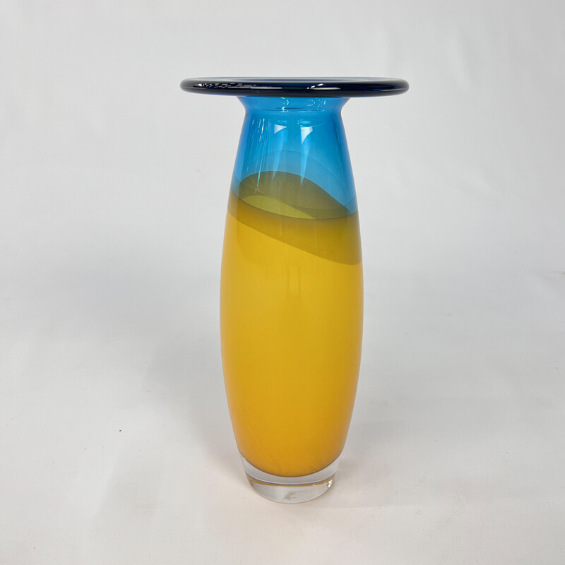 Vintage blue and yellow vase by Siem van de Marel for Leerdam, 1980s