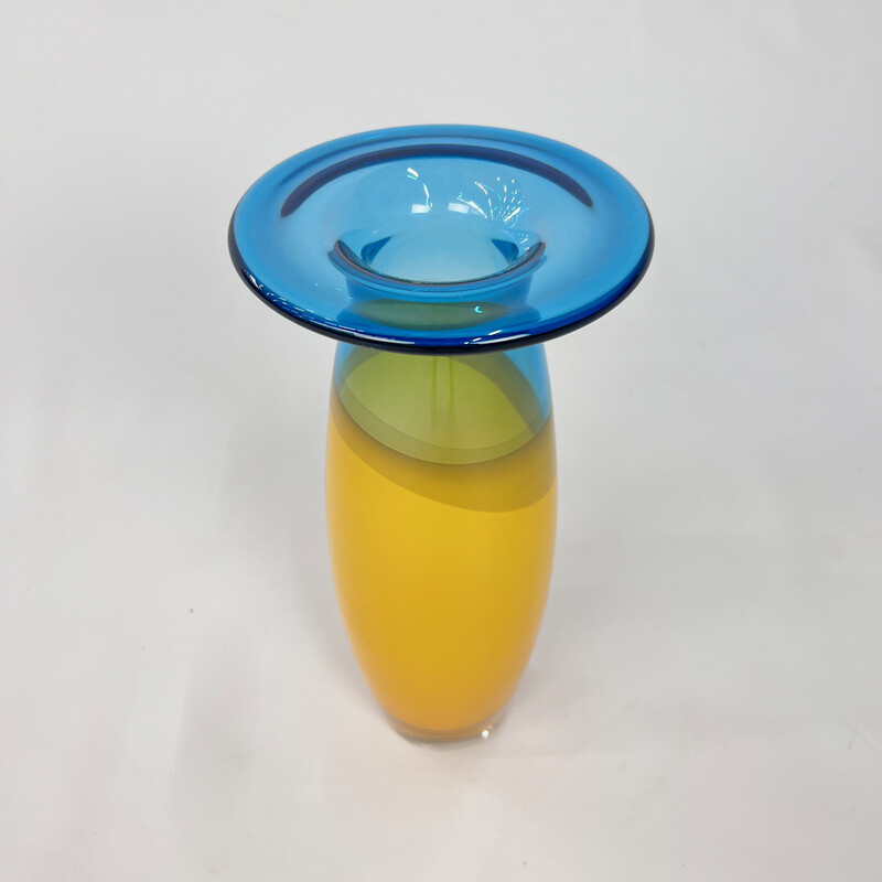 Vintage blue and yellow vase by Siem van de Marel for Leerdam, 1980s