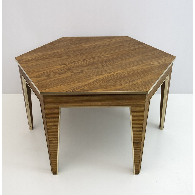 Mesa de comedor vintage extensible de madera y latón, 1970