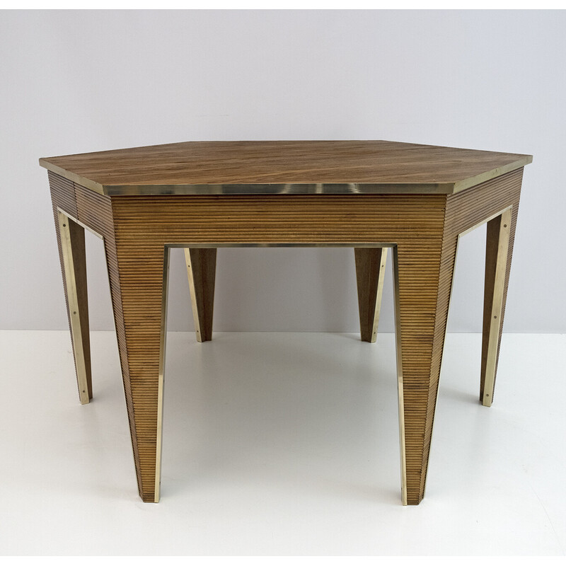 Vintage expandable wood and brass dining table, 1970