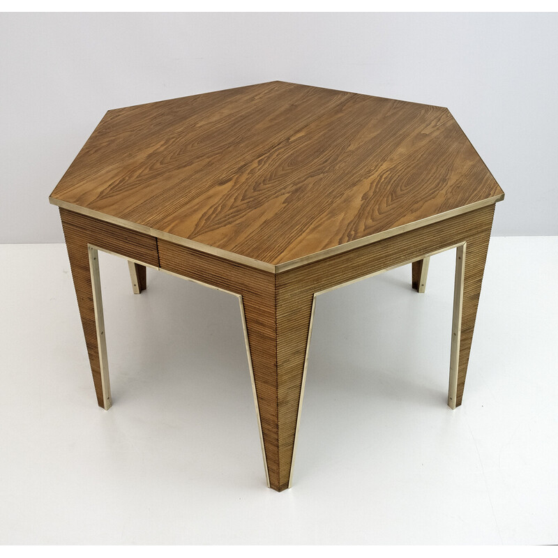 Vintage expandable wood and brass dining table, 1970