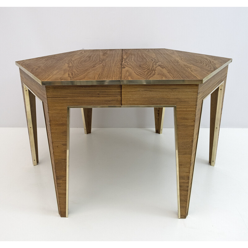 Mesa de comedor vintage extensible de madera y latón, 1970