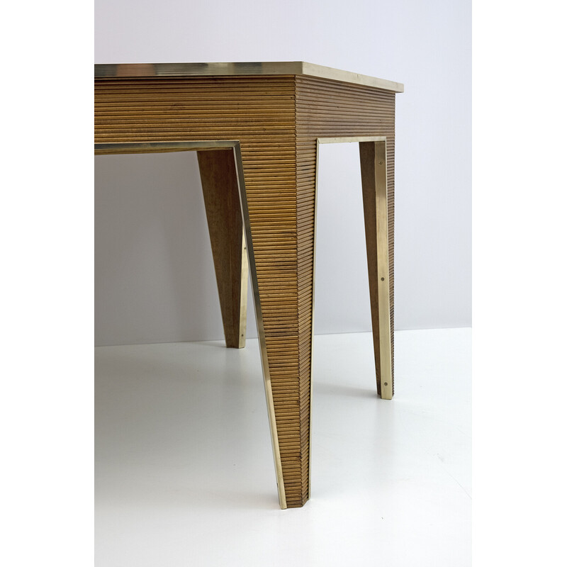 Mesa de comedor vintage extensible de madera y latón, 1970