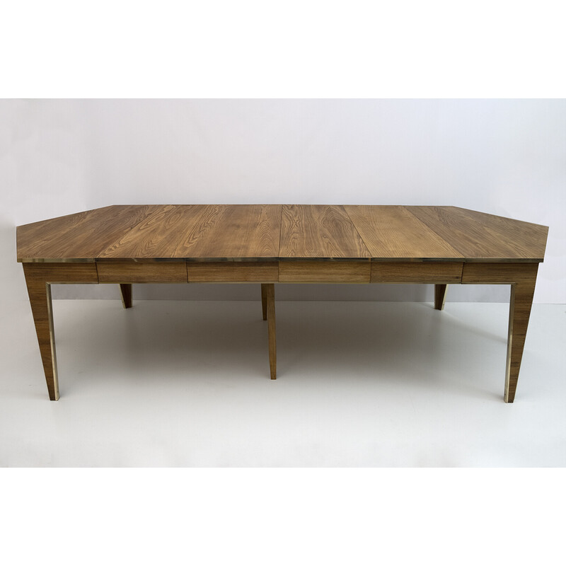 Mesa de comedor vintage extensible de madera y latón, 1970