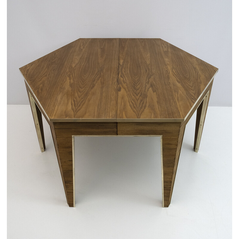 Mesa de comedor vintage extensible de madera y latón, 1970