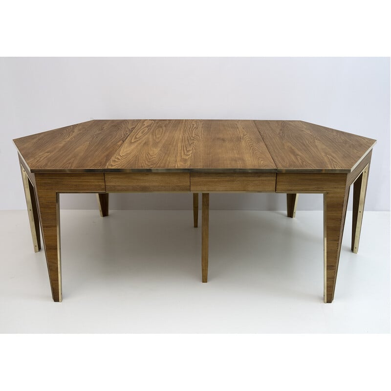 Mesa de comedor vintage extensible de madera y latón, 1970