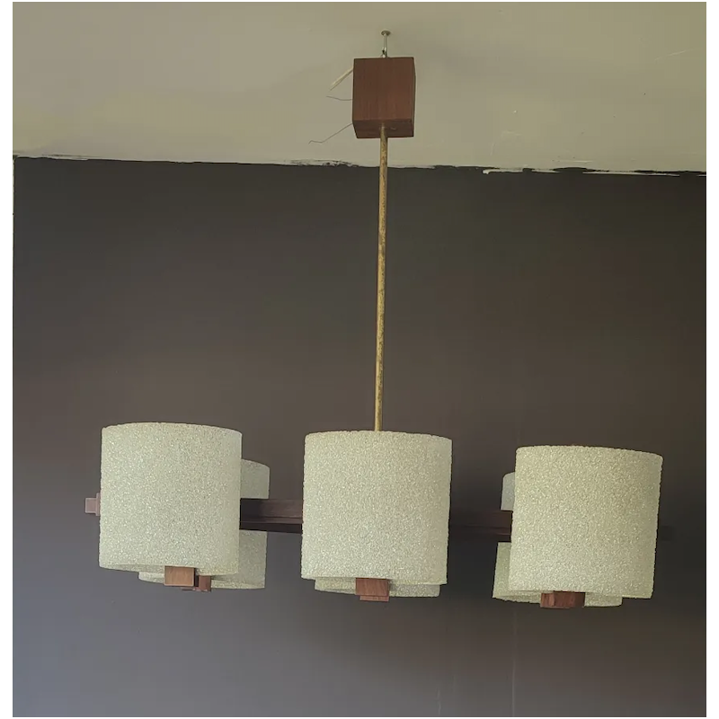 Lampadario vintage in teak e perspex, anni '60