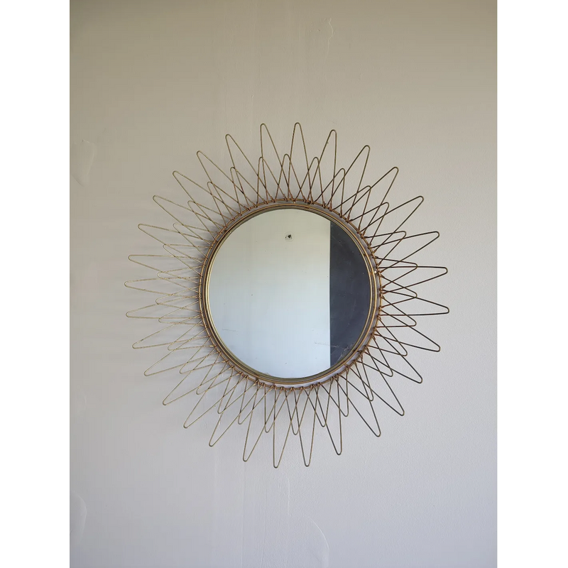 Vintage golden metal sun mirror, 1960s