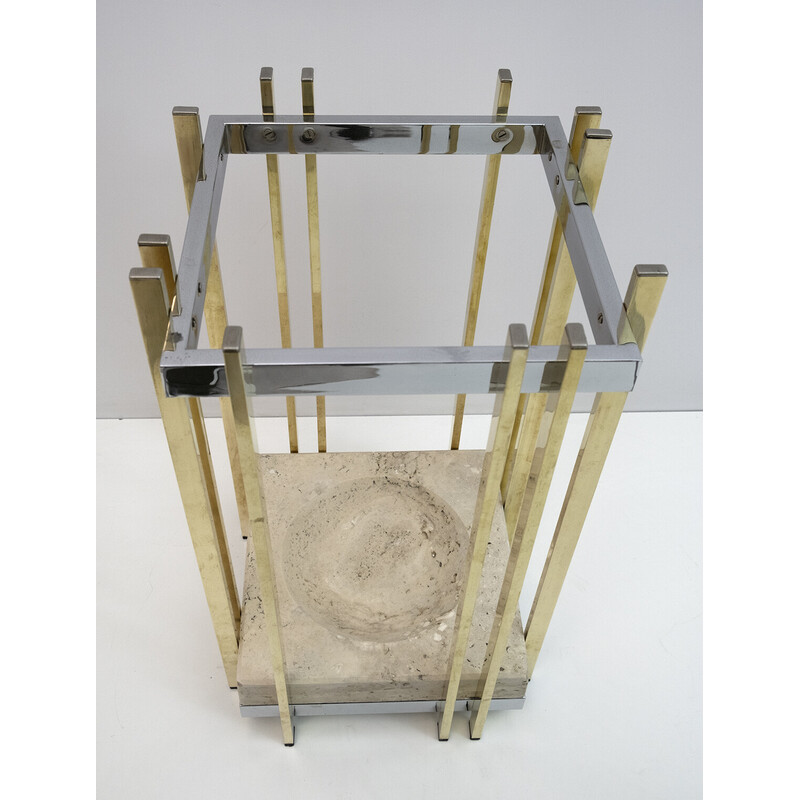 Vintage travertine and brass umbrella stand, 1970