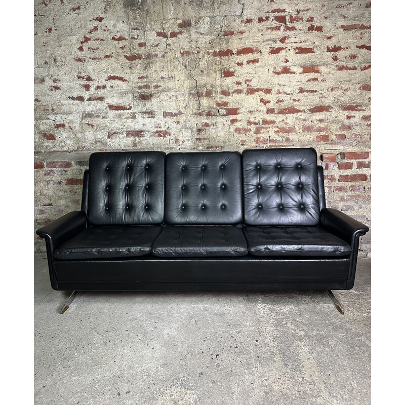Vintage black leather sofa with chrome legs, Germany 1960