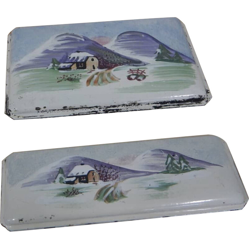 Pair of vintage iron plates with painted landscape