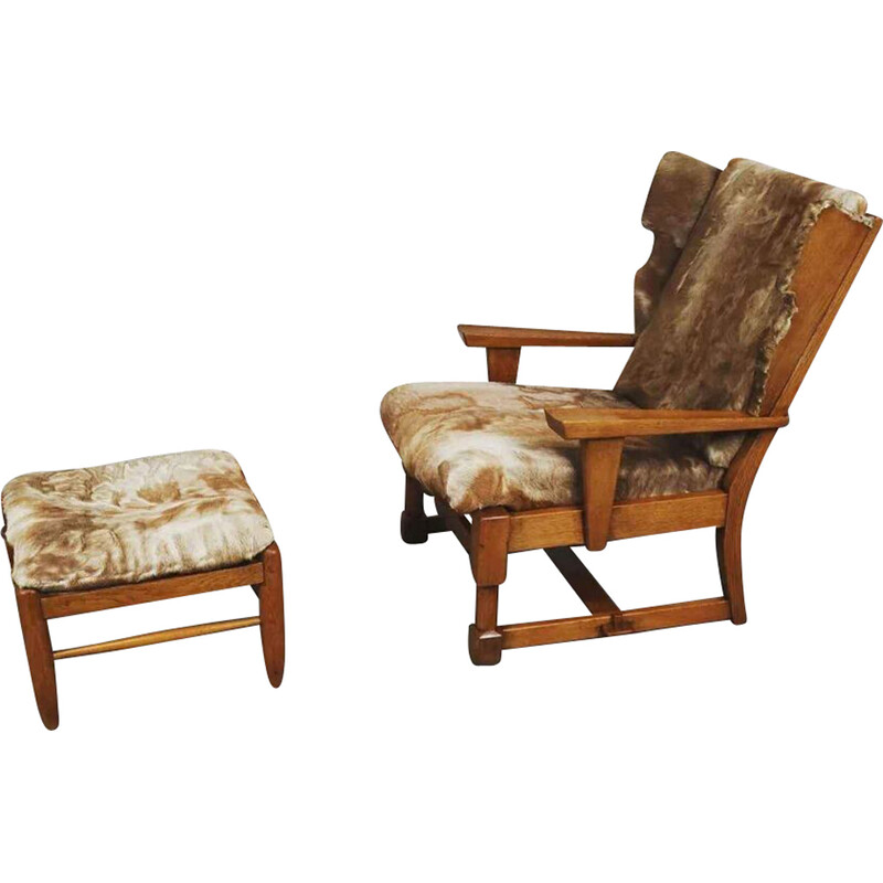 Fauteuil lounge et ottoman vintage brutaliste en bois de chêne avec revêtement en cuir de chèvre