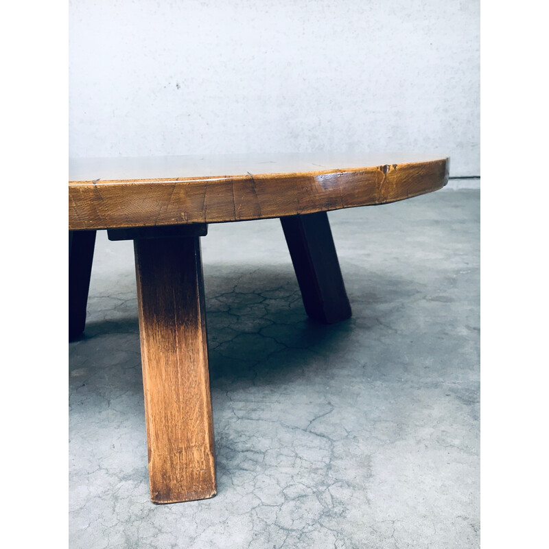 Vintage brutalist coffee table in solid oakwood, France 1960