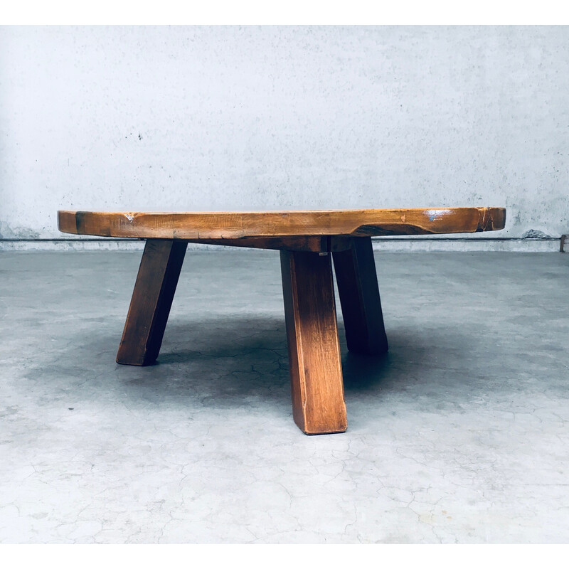 Vintage brutalist coffee table in solid oakwood, France 1960