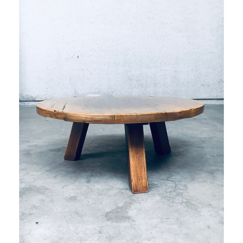 Vintage brutalist coffee table in solid oakwood, France 1960