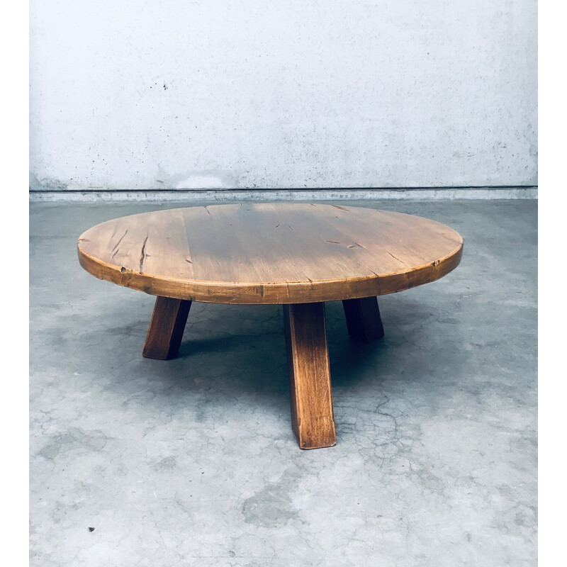 Vintage brutalist coffee table in solid oakwood, France 1960