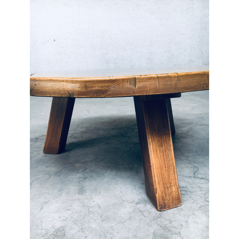 Vintage brutalist coffee table in solid oakwood, France 1960