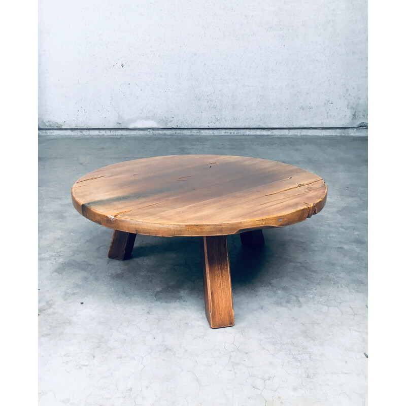 Vintage brutalist coffee table in solid oakwood, France 1960