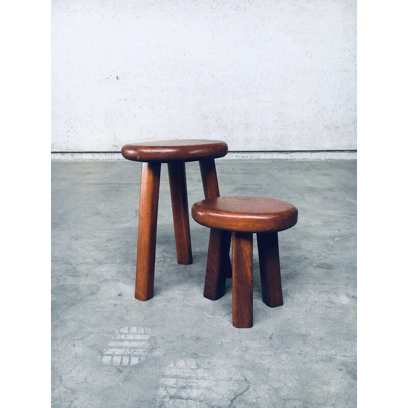 Par de mesas laterais vintage em madeira de carvalho maciço, França 1960
