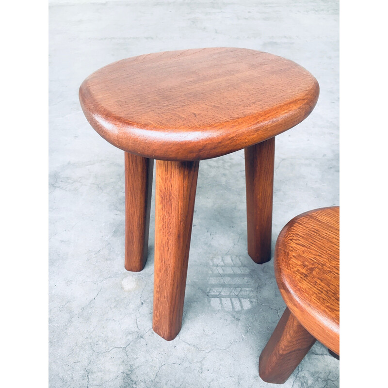 Pair of vintage solid oakwood side tables, France 1960