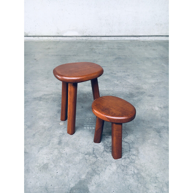Pair of vintage solid oakwood side tables, France 1960