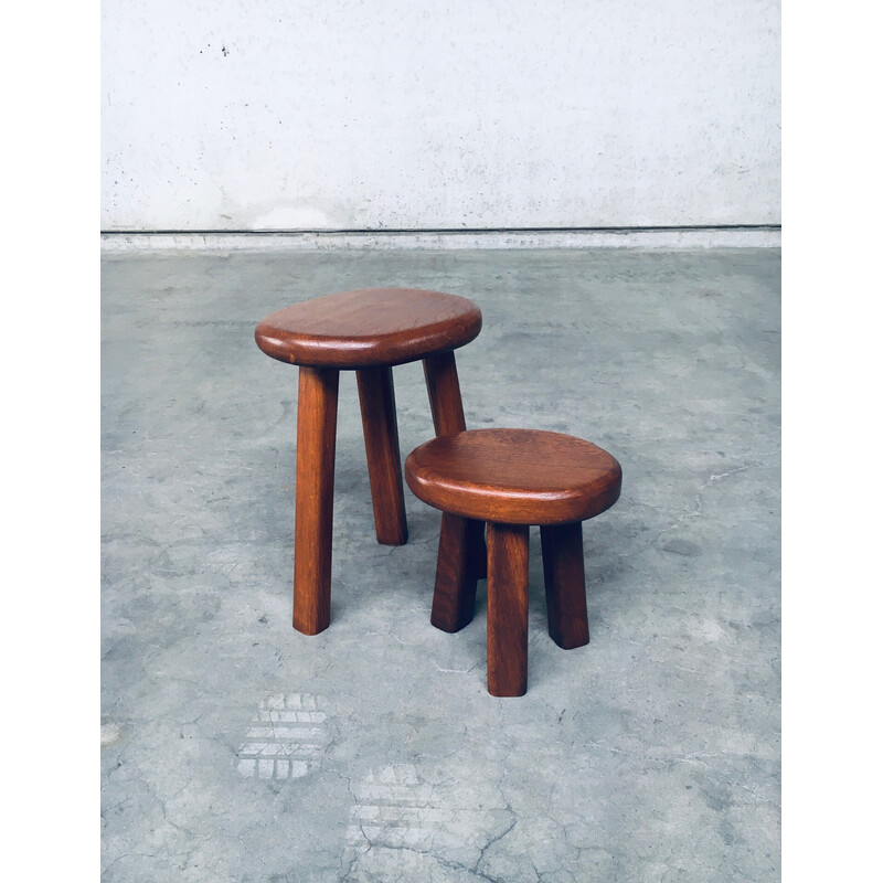 Pair of vintage solid oakwood side tables, France 1960