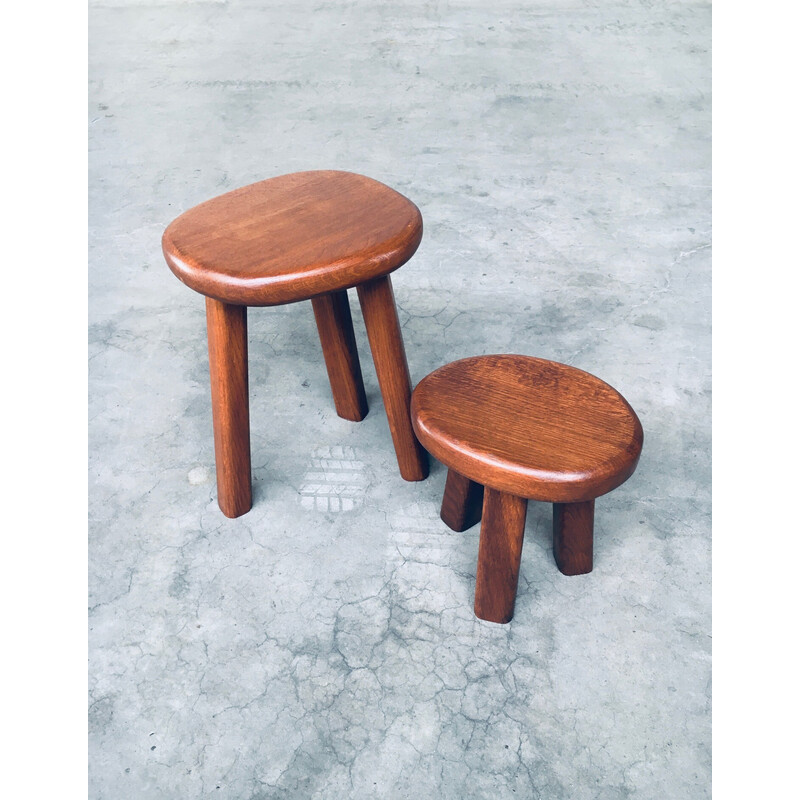 Pair of vintage solid oakwood side tables, France 1960