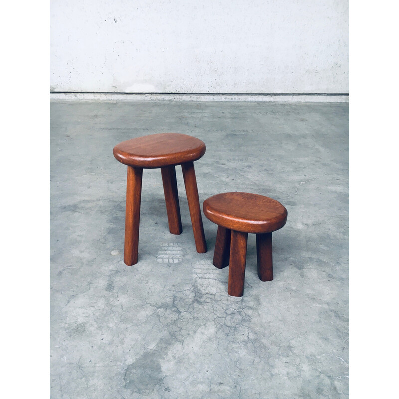 Pair of vintage solid oakwood side tables, France 1960