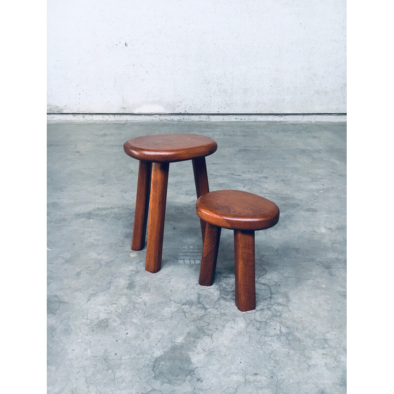 Pair of vintage solid oakwood side tables, France 1960