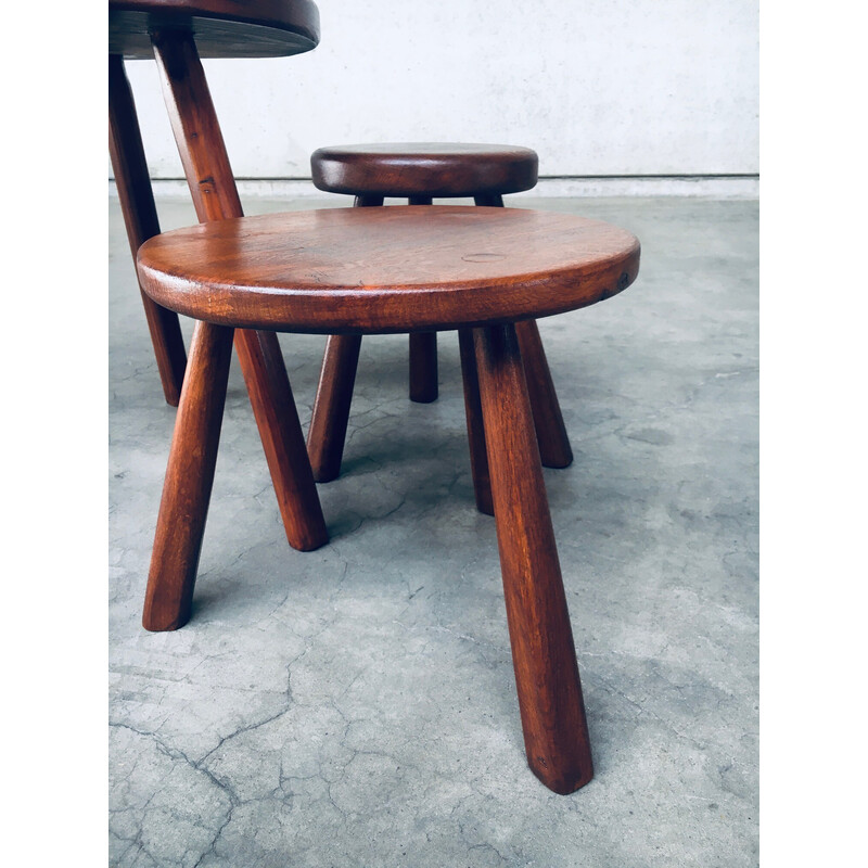 Vintage wooden tripod side table with pair of stools, France 1950