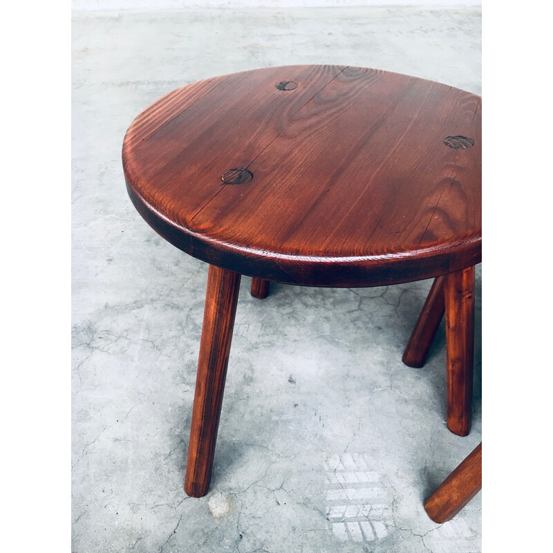 Vintage wooden tripod side table with pair of stools, France 1950