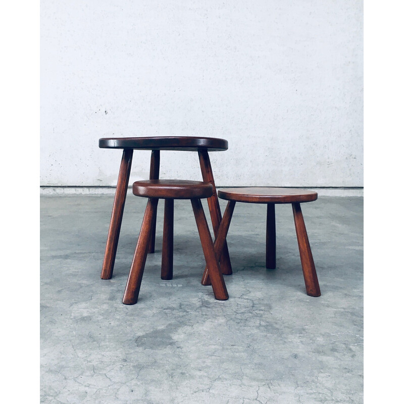 Vintage wooden tripod side table with pair of stools, France 1950