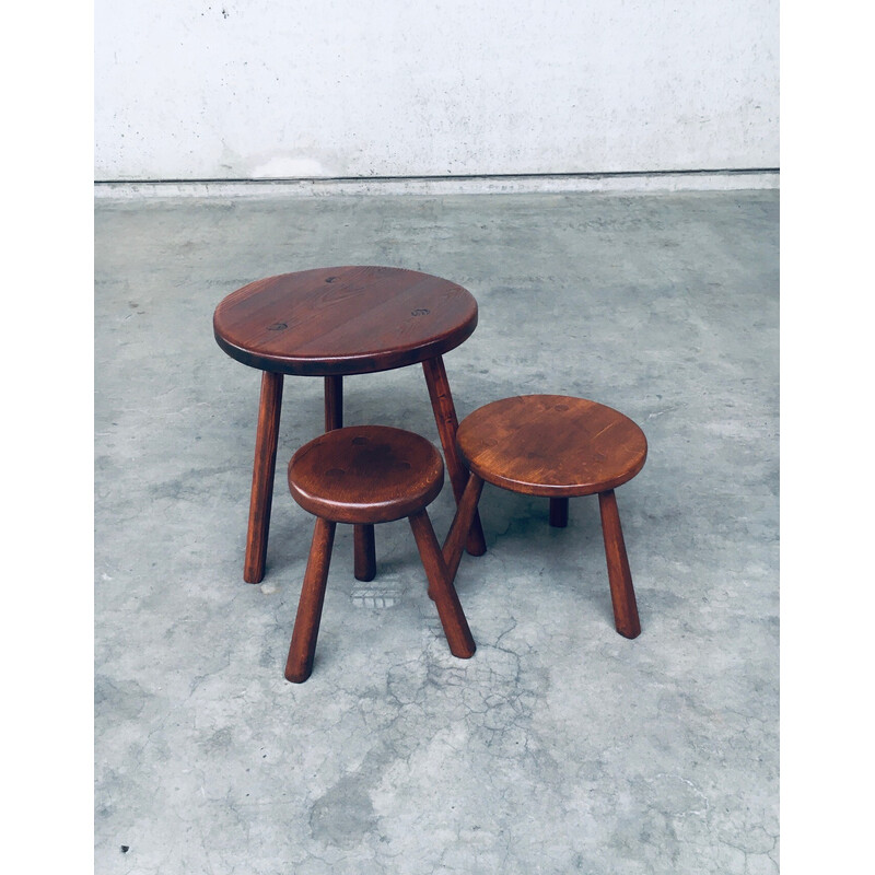 Vintage wooden tripod side table with pair of stools, France 1950