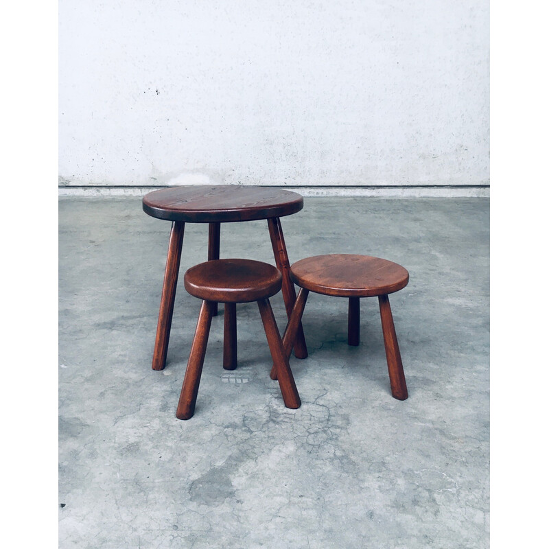 Vintage wooden tripod side table with pair of stools, France 1950