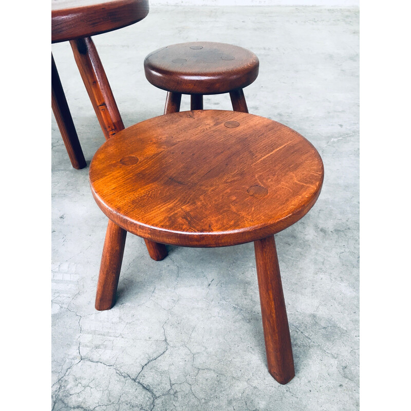 Vintage wooden tripod side table with pair of stools, France 1950