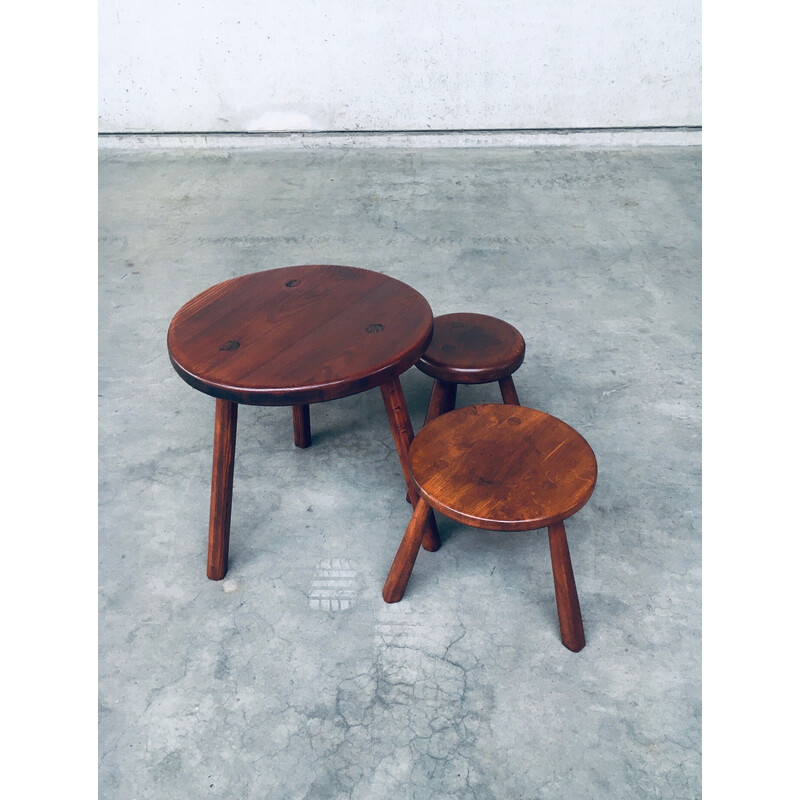 Vintage wooden tripod side table with pair of stools, France 1950