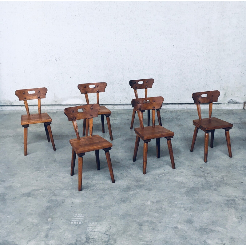 Set of 6 vintage rustic oakwood dining chairs, France 1940