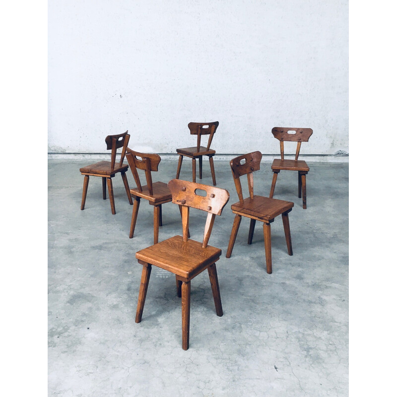 Conjunto de 6 cadeiras de jantar vintage em carvalho rústico, França 1940