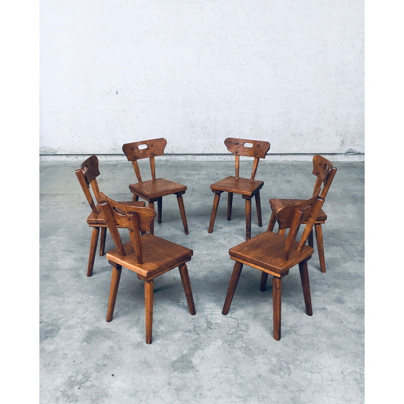 Set of 6 vintage rustic oakwood dining chairs, France 1940