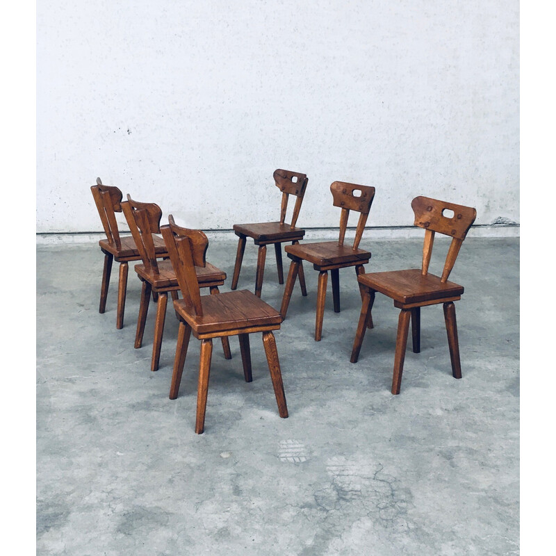 Conjunto de 6 cadeiras de jantar vintage em carvalho rústico, França 1940
