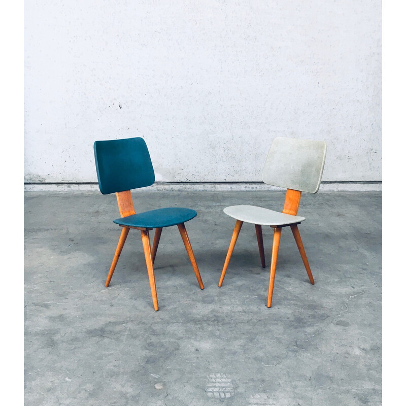Par de cadeiras laterais vintage em madeira e plástico da Cor Alons, Holanda 1950