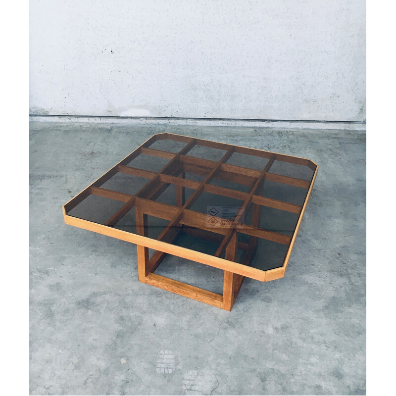 Vintage octagonal oakwood and glass dining table, 1980