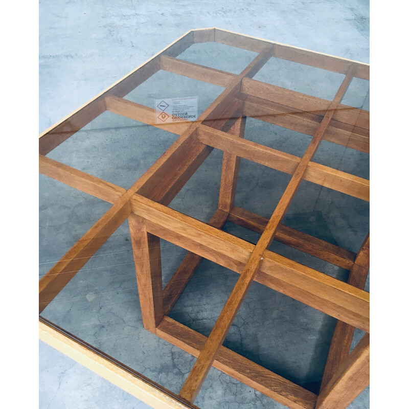 Mesa de comedor octogonal vintage de roble y cristal, 1980