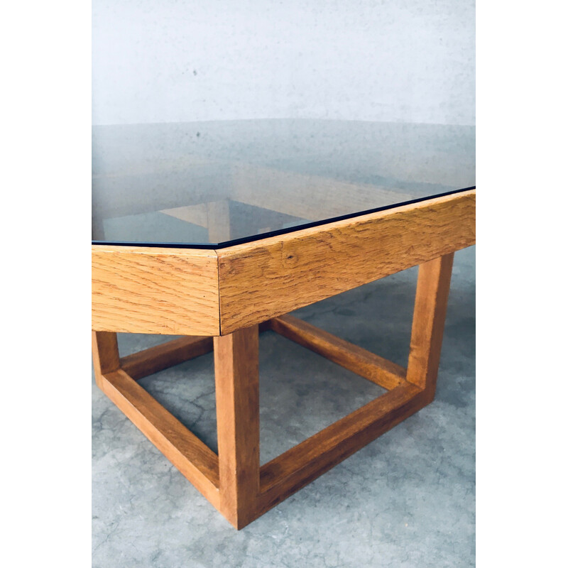 Table vintage octogonale en chêne et verre, 1980
