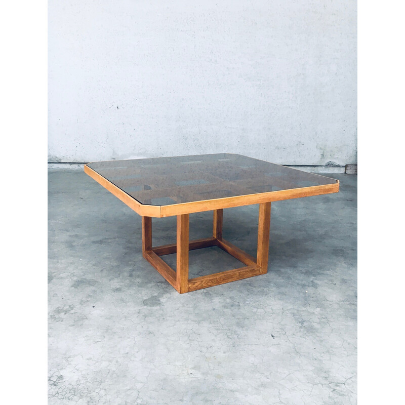 Table vintage octogonale en chêne et verre, 1980